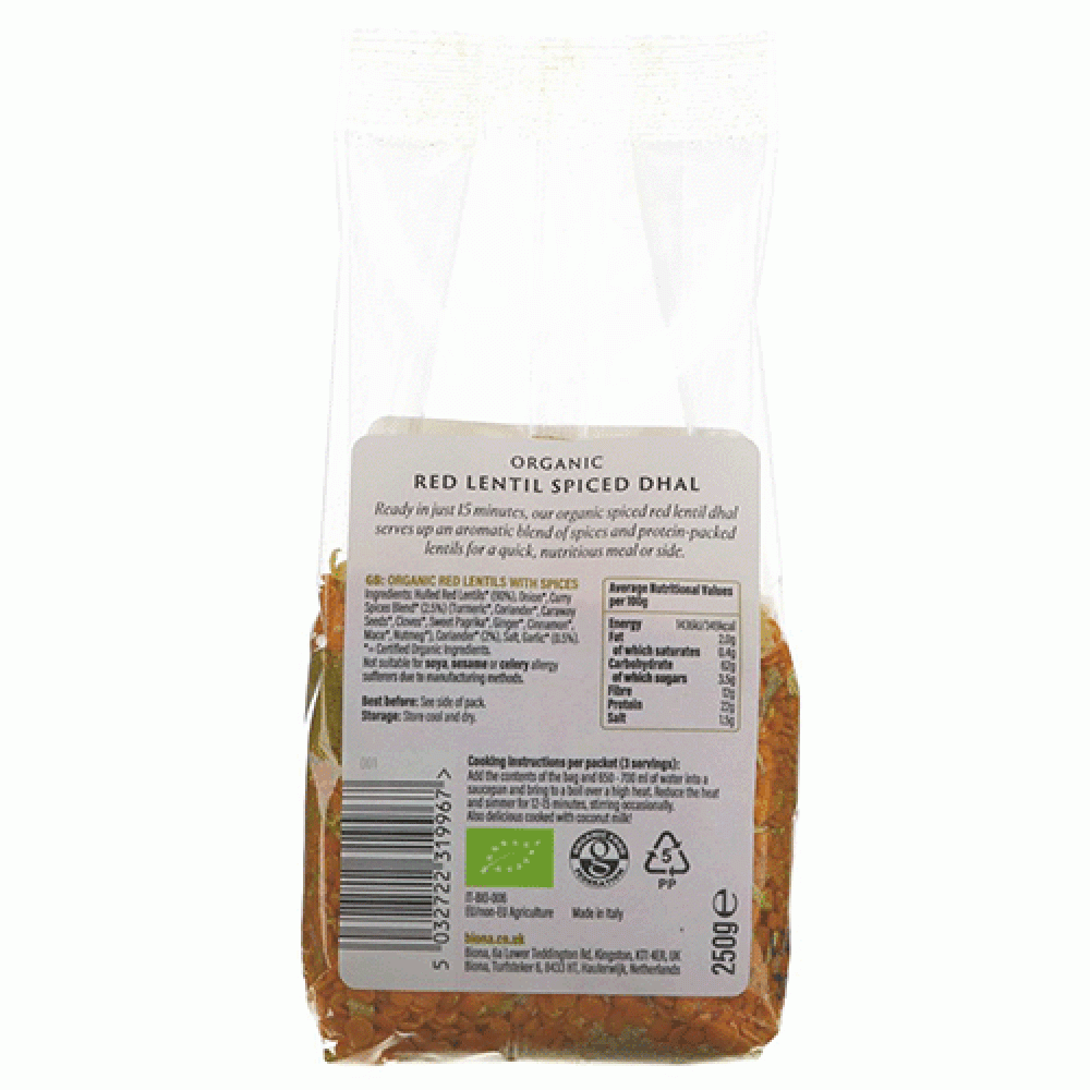 Biona Spiced Red Lentil Dhal (250g)JSUQS022